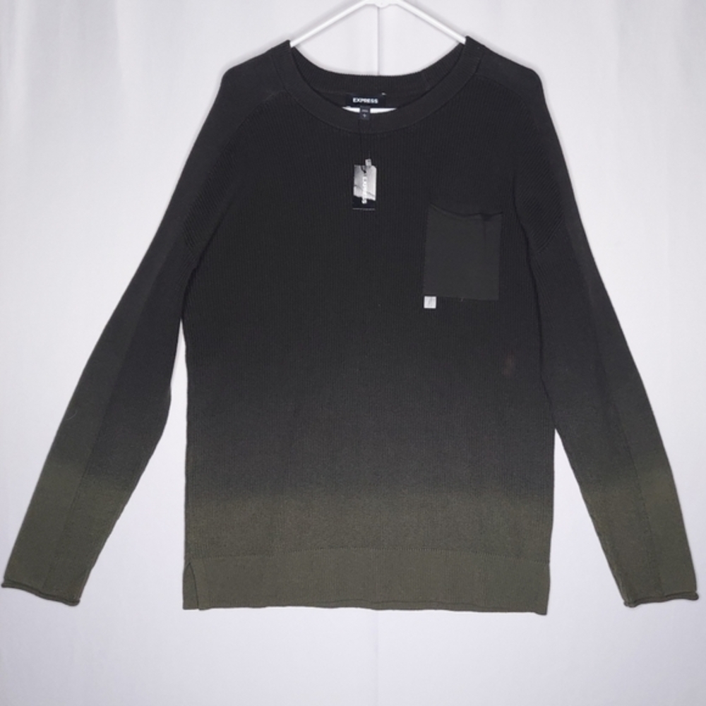Express Sweater Men Large Cotton‎  Ribbed Knit Green Dip Dyed Pocket 00s Grunge